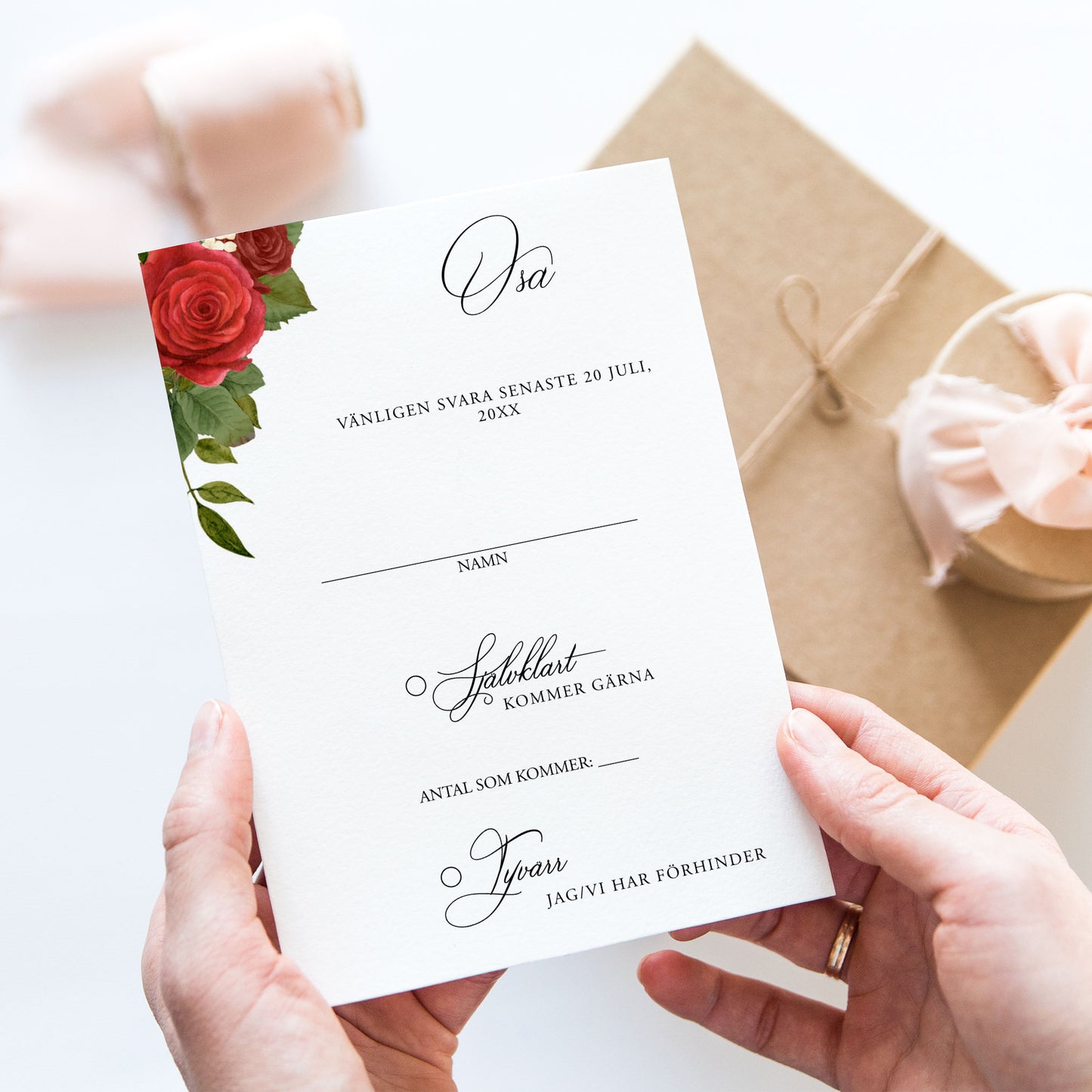 OSA-kort med kuvert (8 färger) – A6 Romantiskt Röda Rosor – Bröllopskort BR010
