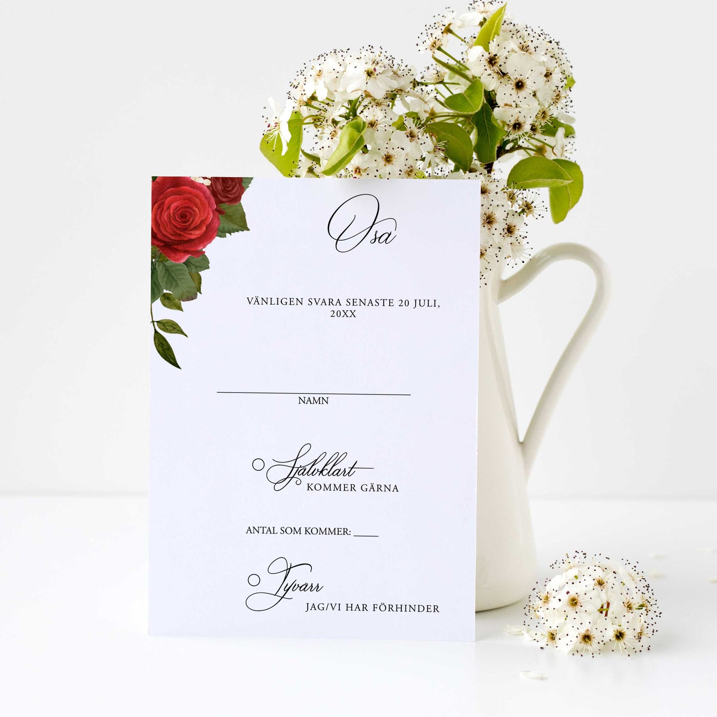 OSA-kort med kuvert (8 färger) – A6 Romantiskt Röda Rosor – Bröllopskort BR010