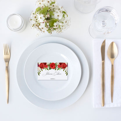 Enkla placeringskort till bröllop – Röda rosor romantiskt – Tryckt kort med namn för dukning BR010