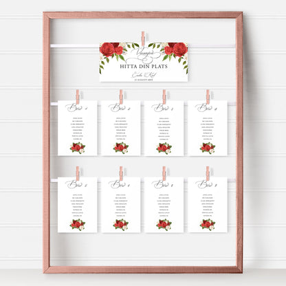 Bordsplaceringskort till bröllop – Röda rosor romantiskt – Titelskylt & bordskort för gäster BR010