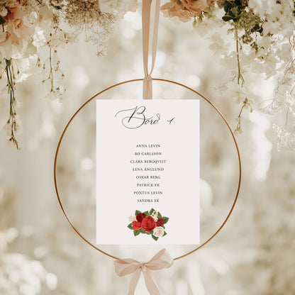 Bordsplaceringskort till bröllop – Röda rosor romantiskt – Titelskylt & bordskort för gäster BR010
