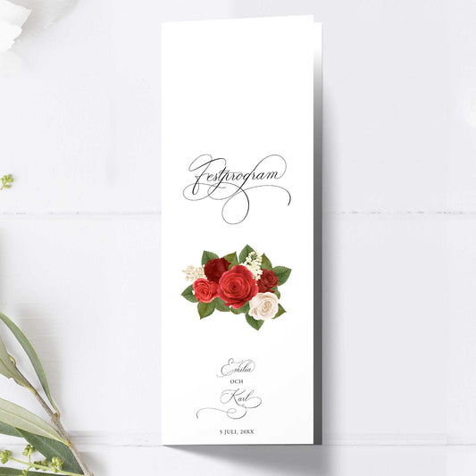 Festprogram till bröllop – Romantiskt Röda Rosor – Avlångt tryckt programkort 10,5×29,7 cm BR010