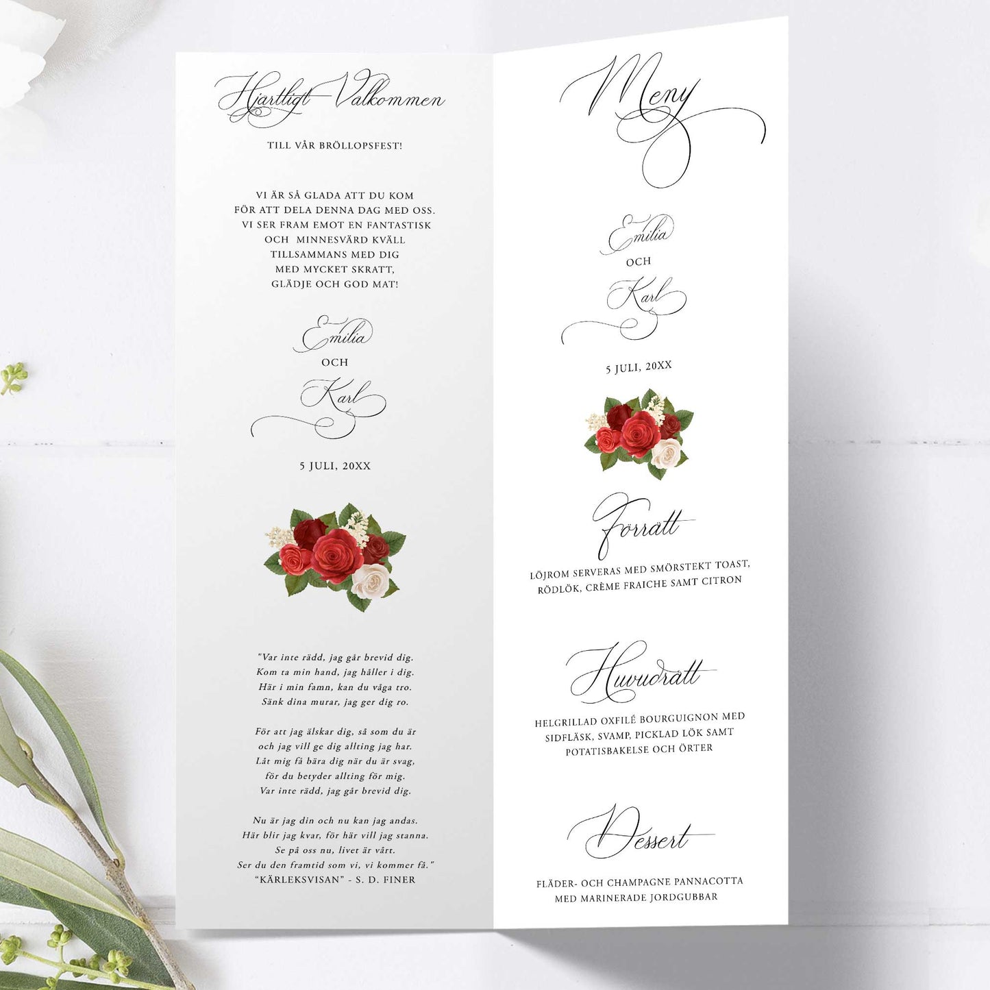 Festprogram till bröllop – Romantiskt Röda Rosor – Avlångt tryckt programkort 10,5×29,7 cm BR010