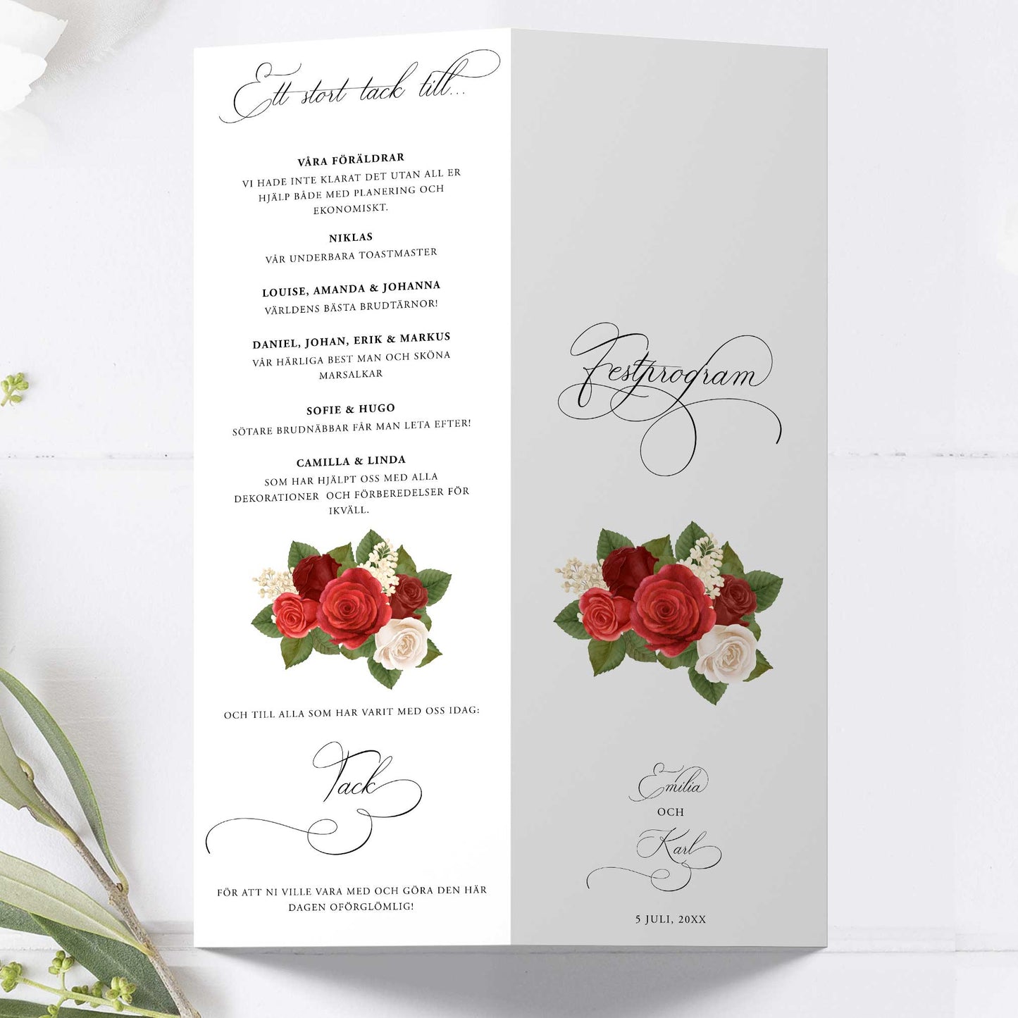Festprogram till bröllop – Romantiskt Röda Rosor – Avlångt tryckt programkort 10,5×29,7 cm BR010