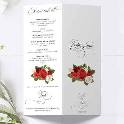 Festprogram till bröllop – Romantiskt Röda Rosor – Avlångt tryckt programkort 10,5×29,7 cm BR010