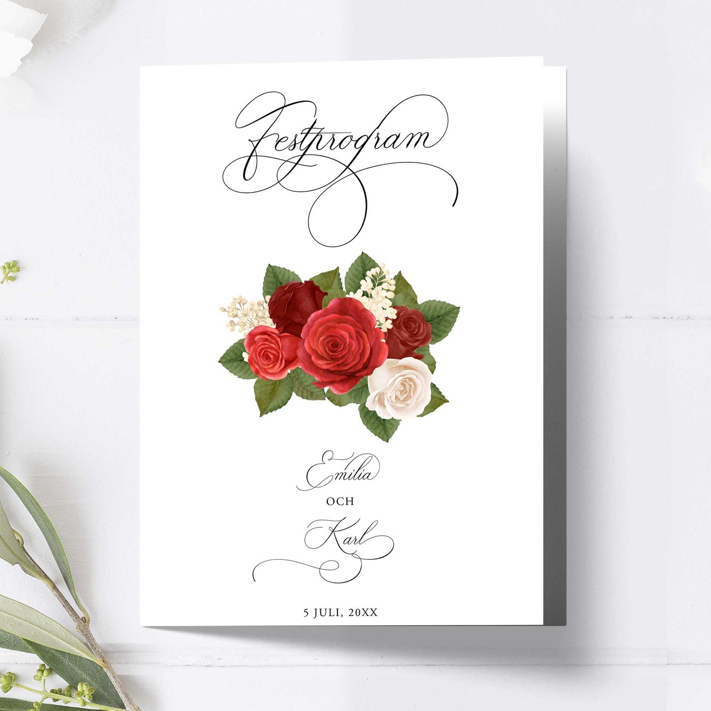 Festprogram litet, till bröllop – Romantiskt Röda Rosor – Tryckt programkort 12,7x17,7 cm BR010