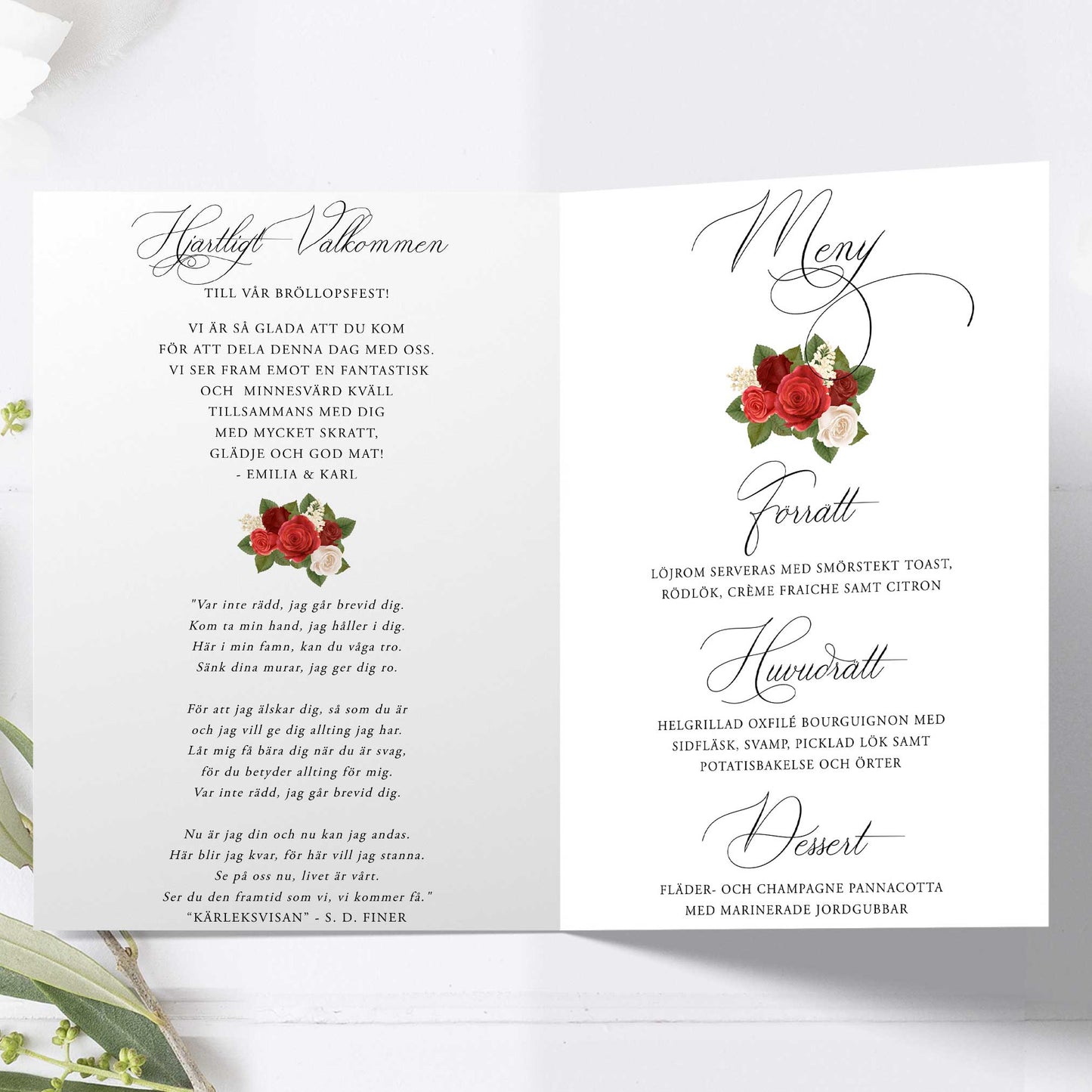 Festprogram litet, till bröllop – Romantiskt Röda Rosor – Tryckt programkort 12,7x17,7 cm BR010