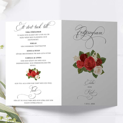Festprogram litet, till bröllop – Romantiskt Röda Rosor – Tryckt programkort 12,7x17,7 cm BR010