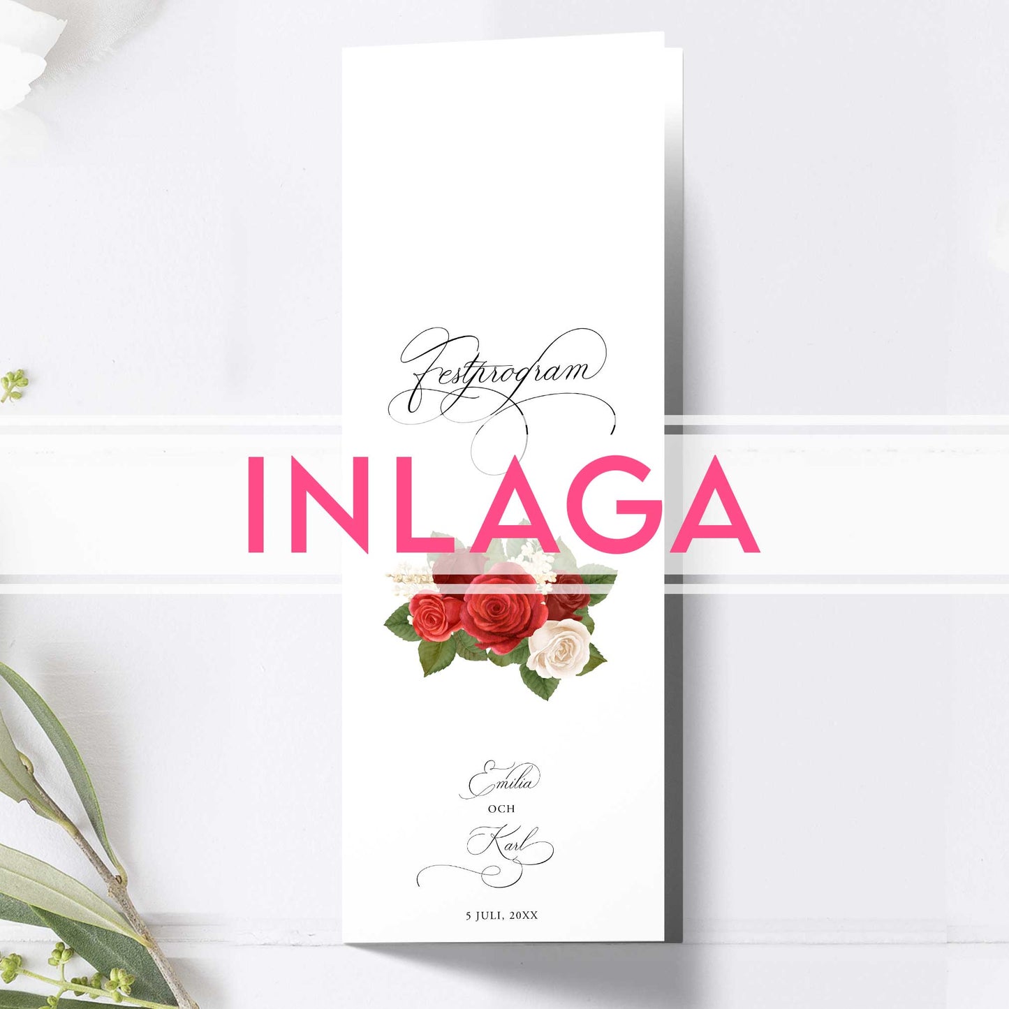 Lång Inlaga till festprogram – Romantiskt Röda Rosor – Extra sidor till avlångt bröllopsprogram 10,5×29,7 cm BR010