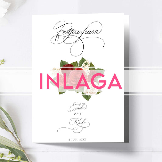 Inlaga till litet festprogram – Romantiskt Röda Rosor – Extra sidor till litet bröllopsprogram 12,7x17,7 cm BR010