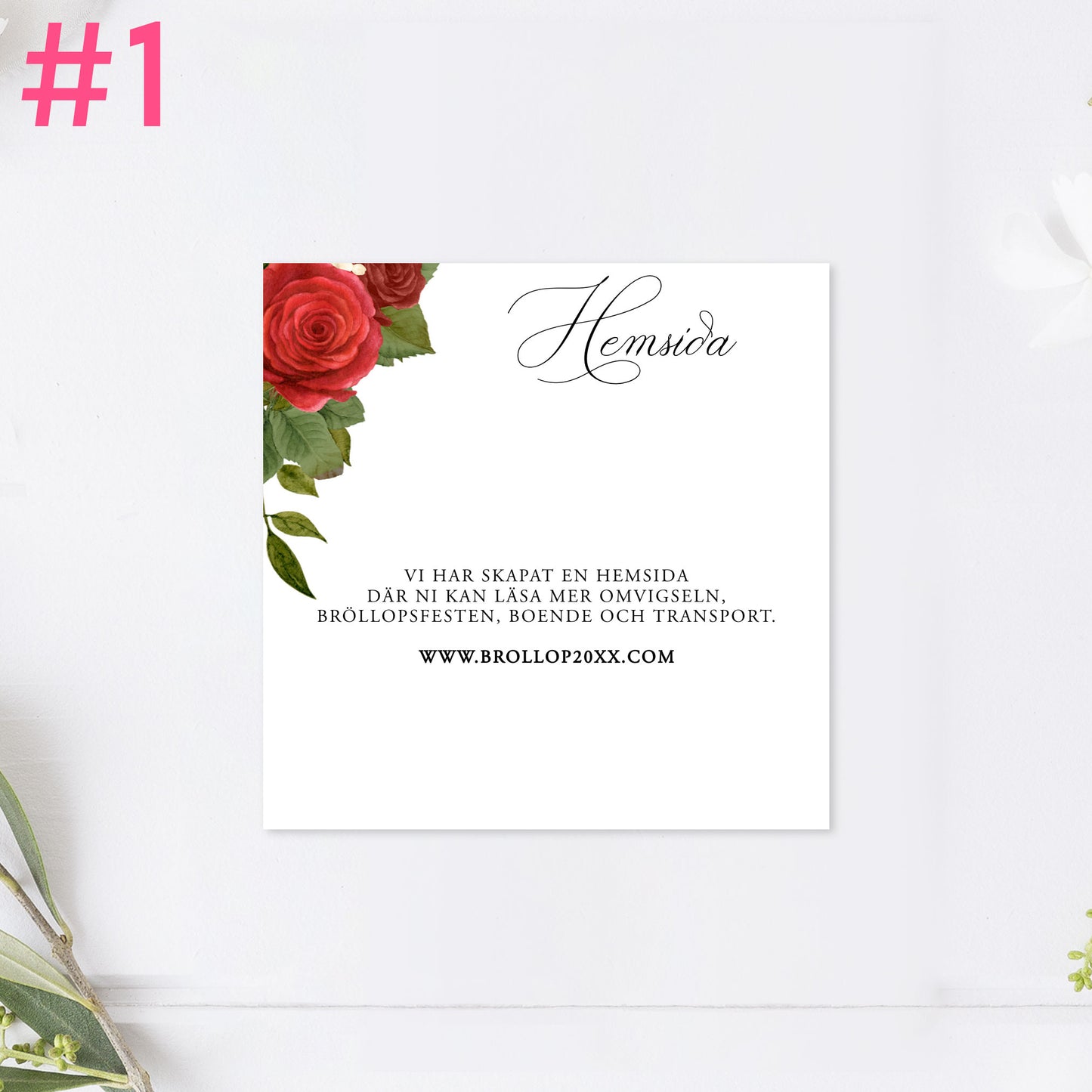 BR010-1 - Bröllopshemsida - Romantiskt Röda Rosor  - Tryckt bröllopskort