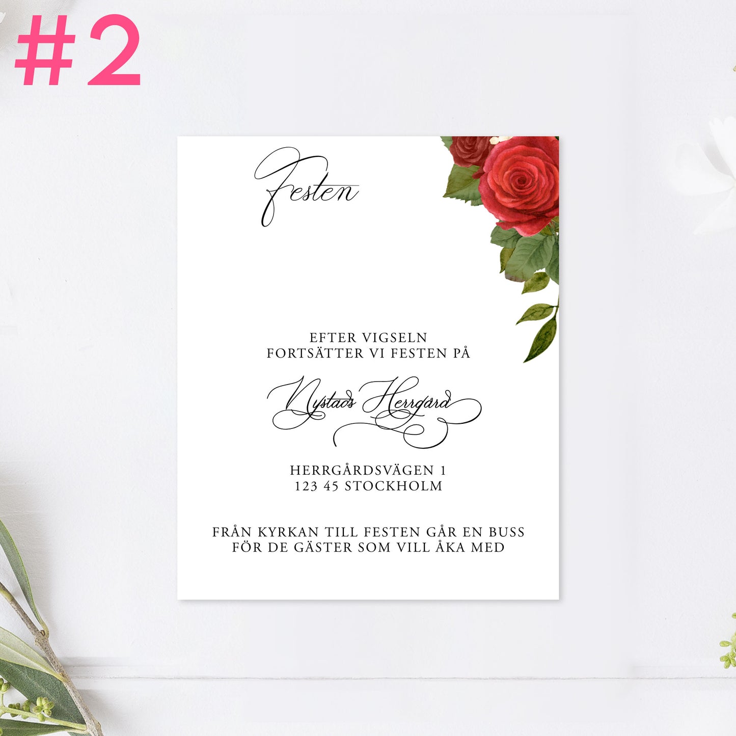 BR010-2 - Festinformation - Romantiskt Röda Rosor  - Tryckt bröllopskort