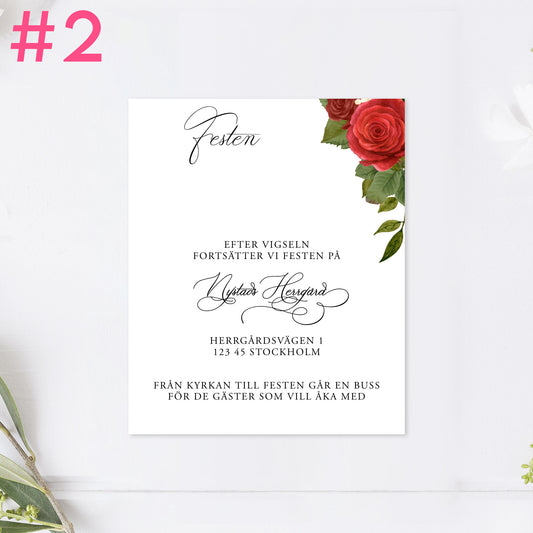 BR010-2 - Festinformation - Romantiskt Röda Rosor  - Tryckt bröllopskort