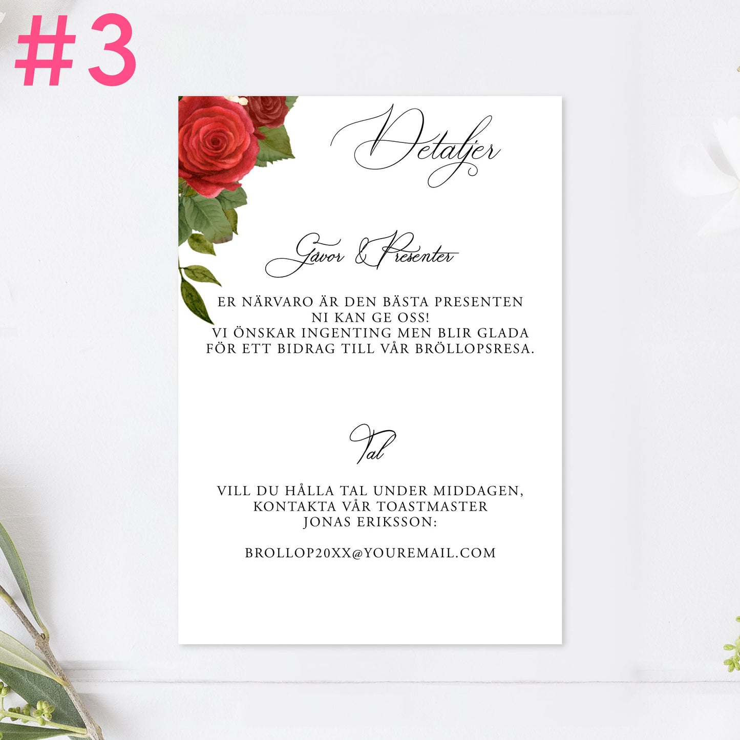 BR010-3 - Informationskort - Romantiskt Röda Rosor  - Tryckt bröllopskort