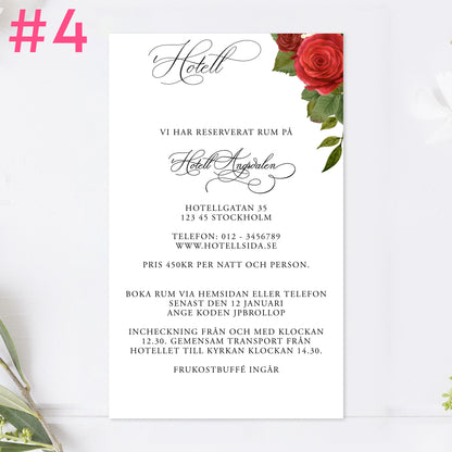 BR010-4 - Boendeinformation - Romantiskt Röda Rosor  - Tryckt bröllopskort