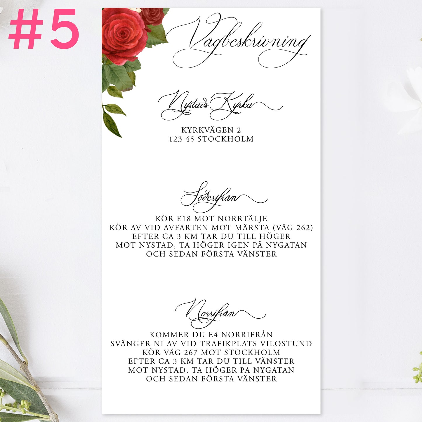 BR010-5 - Vägbeskrivning - Romantiskt Röda Rosor  - Tryckt bröllopskort