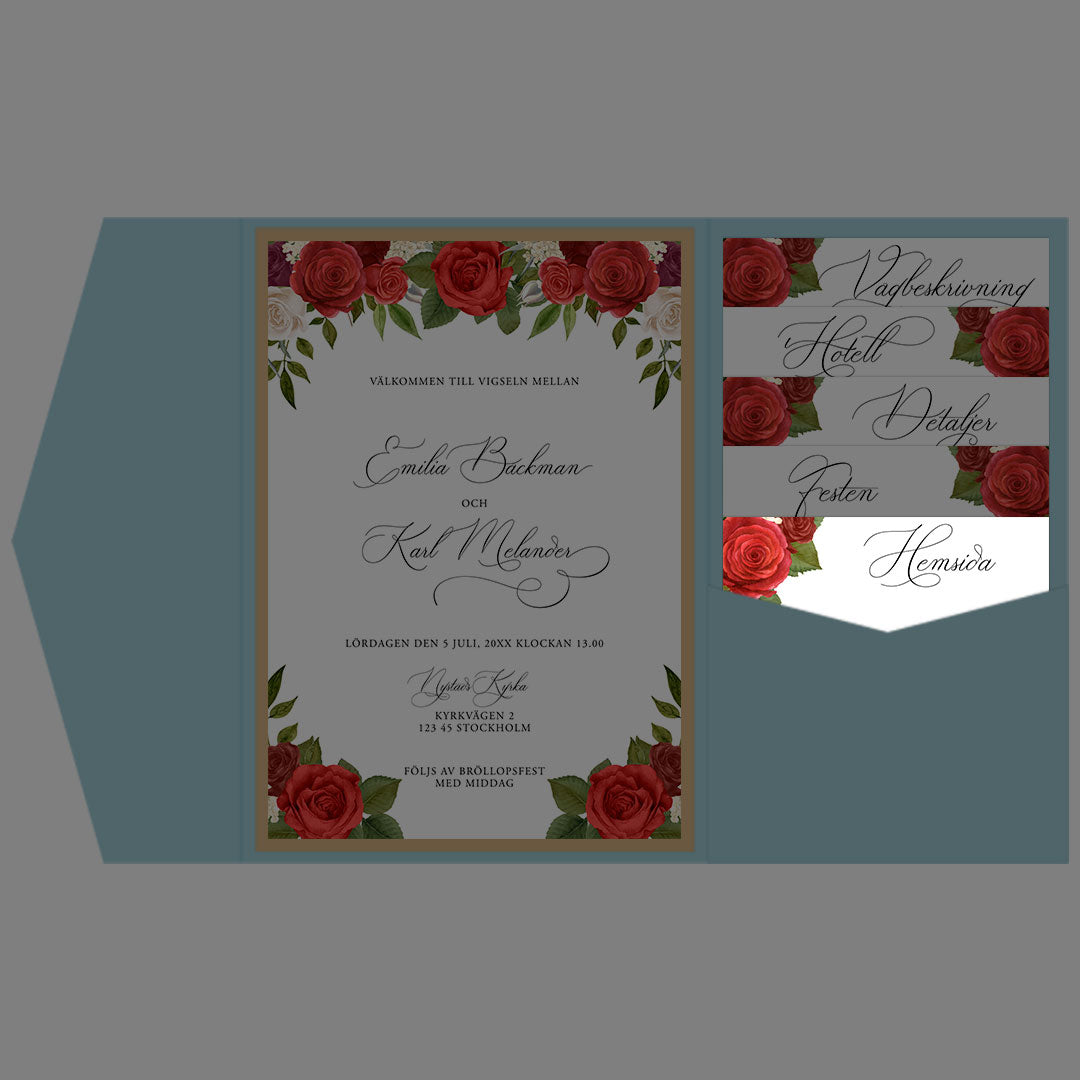 BR010-1 - Bröllopshemsida - Romantiskt Röda Rosor  - Tryckt bröllopskort