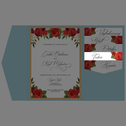 BR010-2 - Festinformation - Romantiskt Röda Rosor  - Tryckt bröllopskort