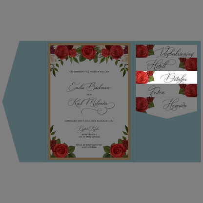 BR010-3 - Informationskort - Romantiskt Röda Rosor  - Tryckt bröllopskort