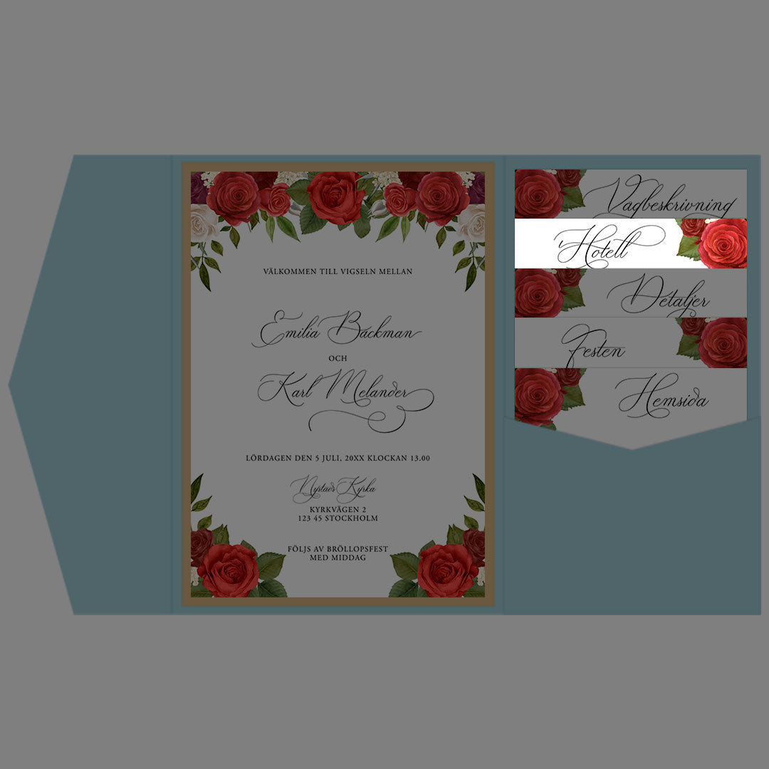 BR010-4 - Boendeinformation - Romantiskt Röda Rosor  - Tryckt bröllopskort