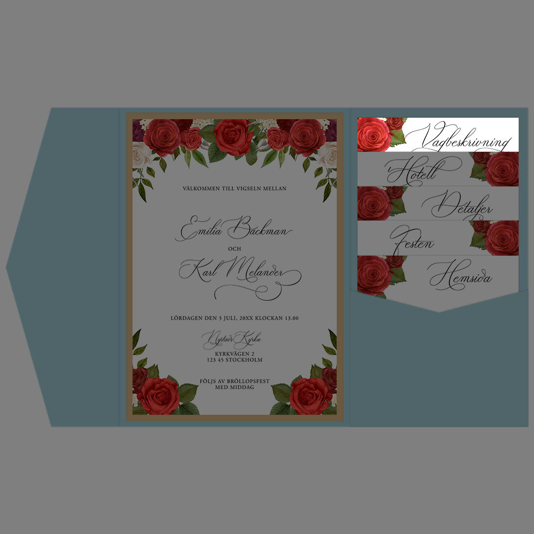 BR010-5 - Vägbeskrivning - Romantiskt Röda Rosor  - Tryckt bröllopskort