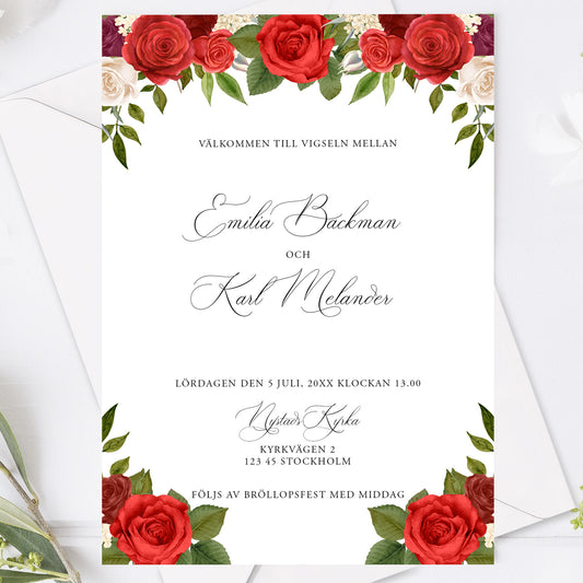 Bröllopsinbjudan med röda rosor – romantiskt kort med blommor – BR010