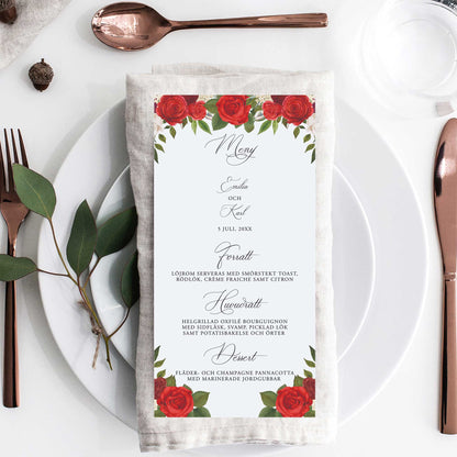 Menykort till bröllop – Röda rosor romantiskt – Tryckt kort för bröllopsmeny BR010
