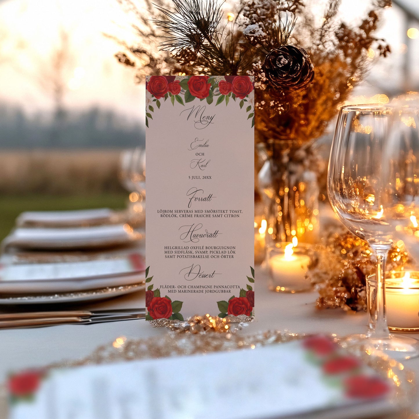 Menykort till bröllop – Röda rosor romantiskt – Tryckt kort för bröllopsmeny BR010