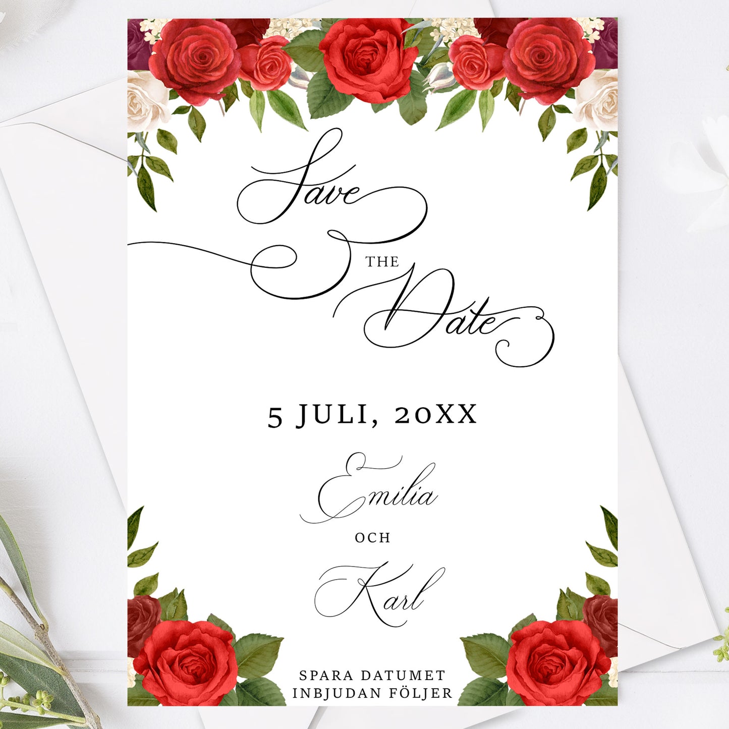 Save the Date-kort – Röda rosor romantiskt - A6 Tryckt kort för bröllopsdatum BR010