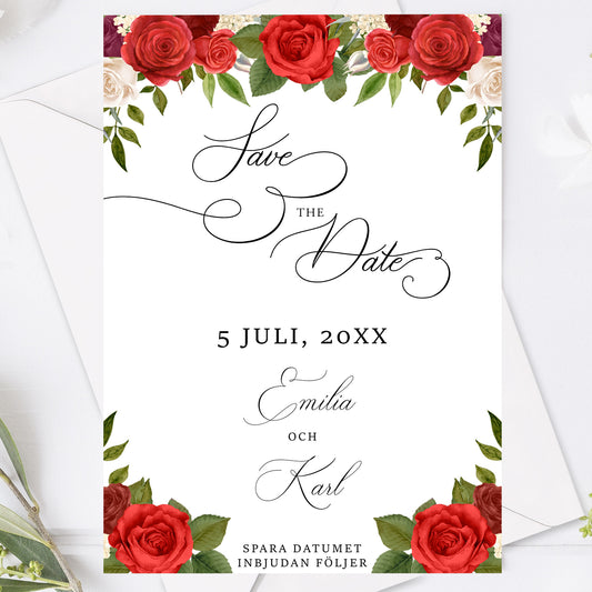 Save the Date-kort – Röda rosor romantiskt - A6 Tryckt kort för bröllopsdatum BR010