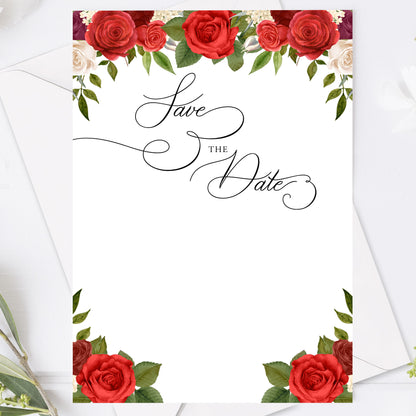 Save the Date-kort – Röda rosor romantiskt - A6 Tryckt kort för bröllopsdatum BR010
