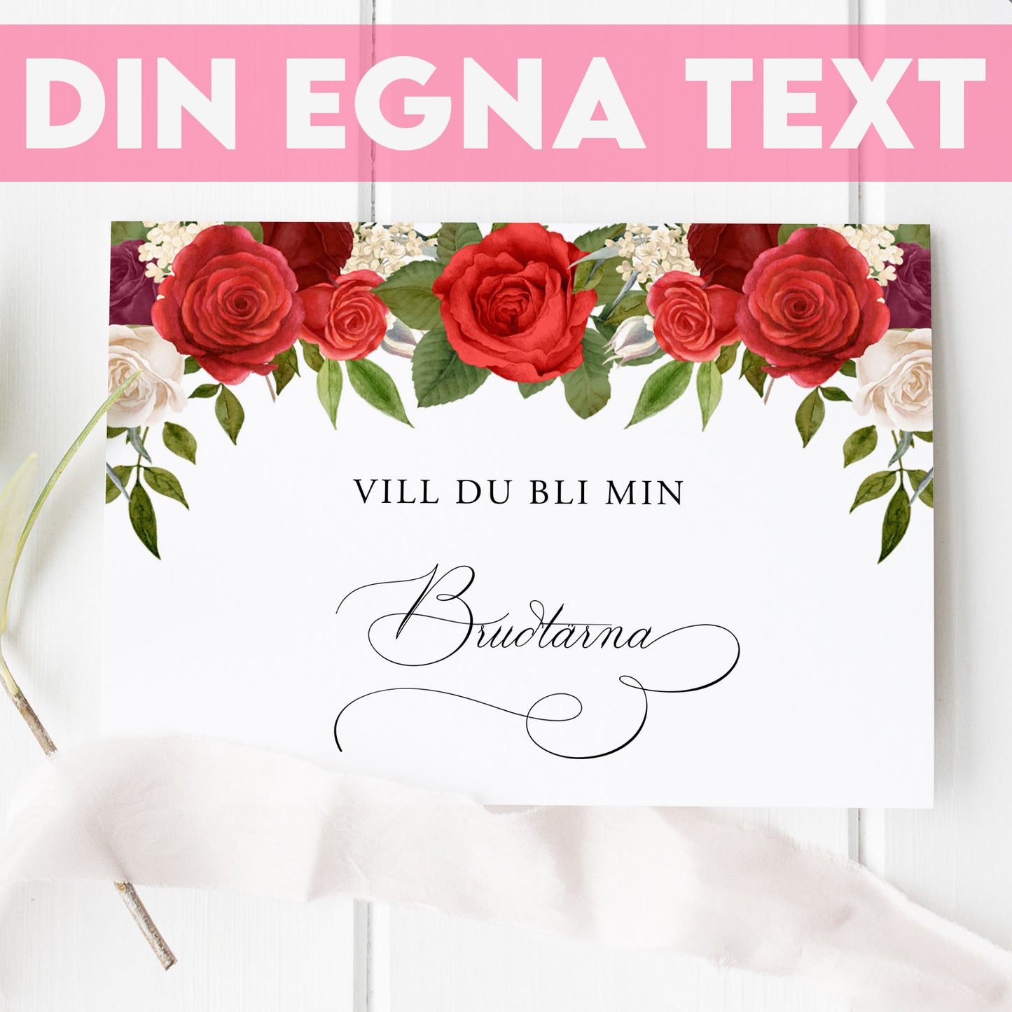Vill du bli-kort – Röda rosor romantiskt – A6 Tryckt fråga till brudfölje BR010
