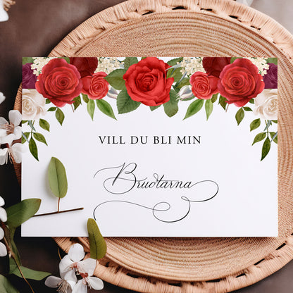 Vill du bli-kort – Röda rosor romantiskt – A6 Tryckt fråga till brudfölje BR010
