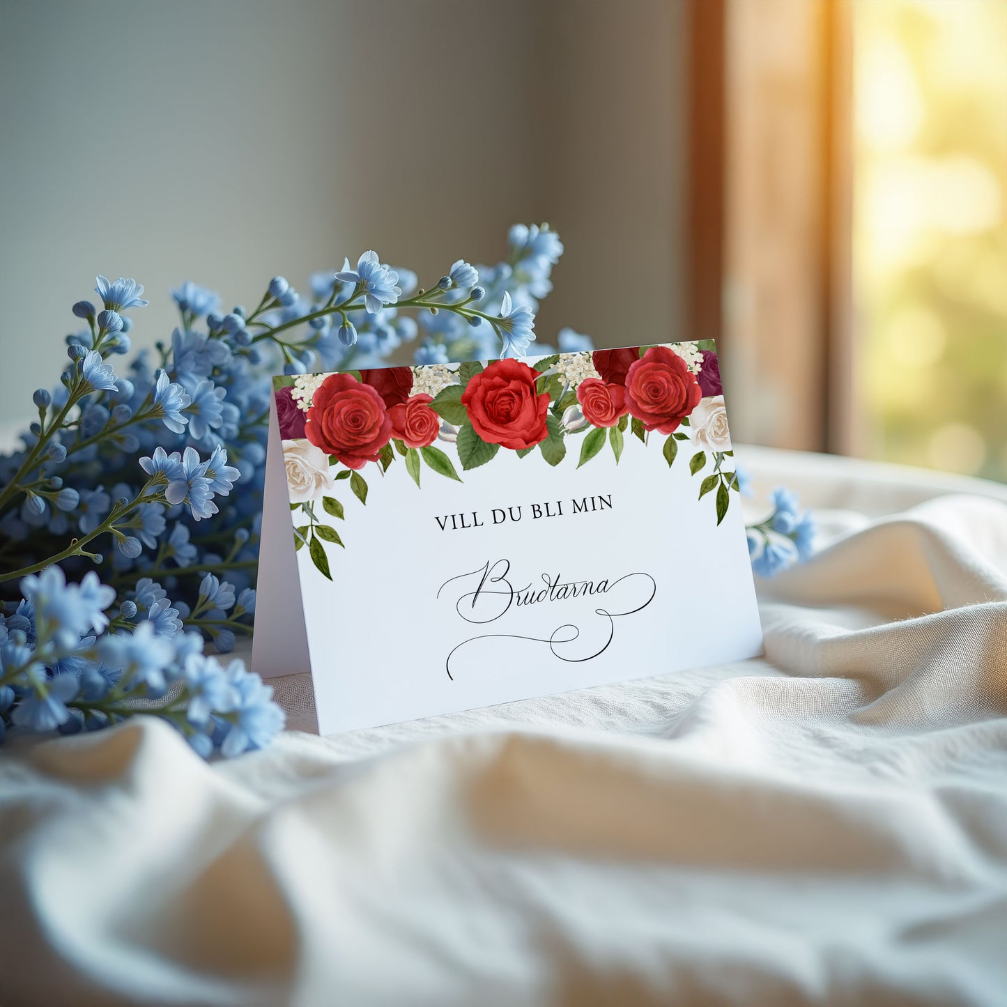 Vill du bli-kort – Röda rosor romantiskt – A6 Tryckt fråga till brudfölje BR010