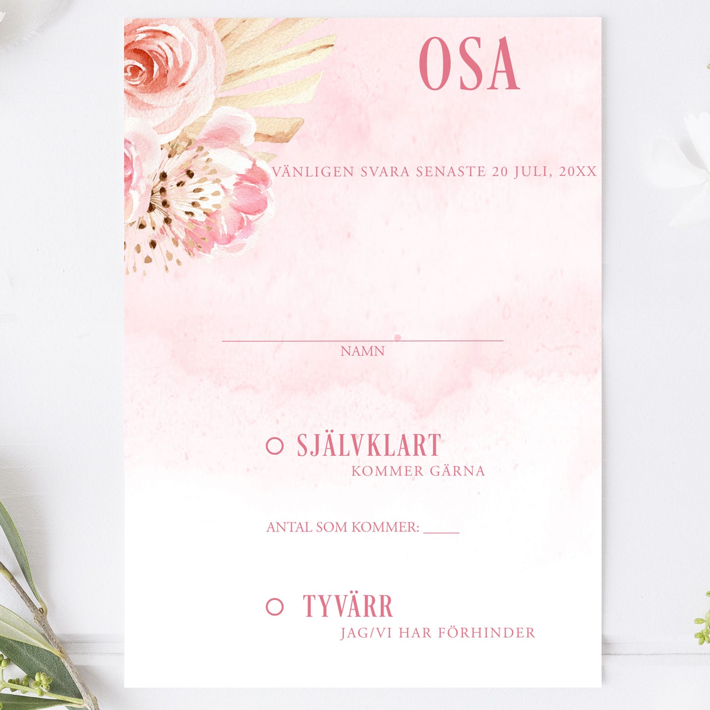 OSA-kort med kuvert (8 färger) – A6 Boho Rosa pampas – Bröllopskort BR011