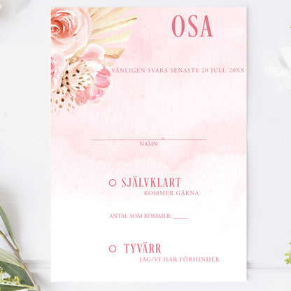 OSA-kort med kuvert (8 färger) – A6 Boho Rosa pampas – Bröllopskort BR011