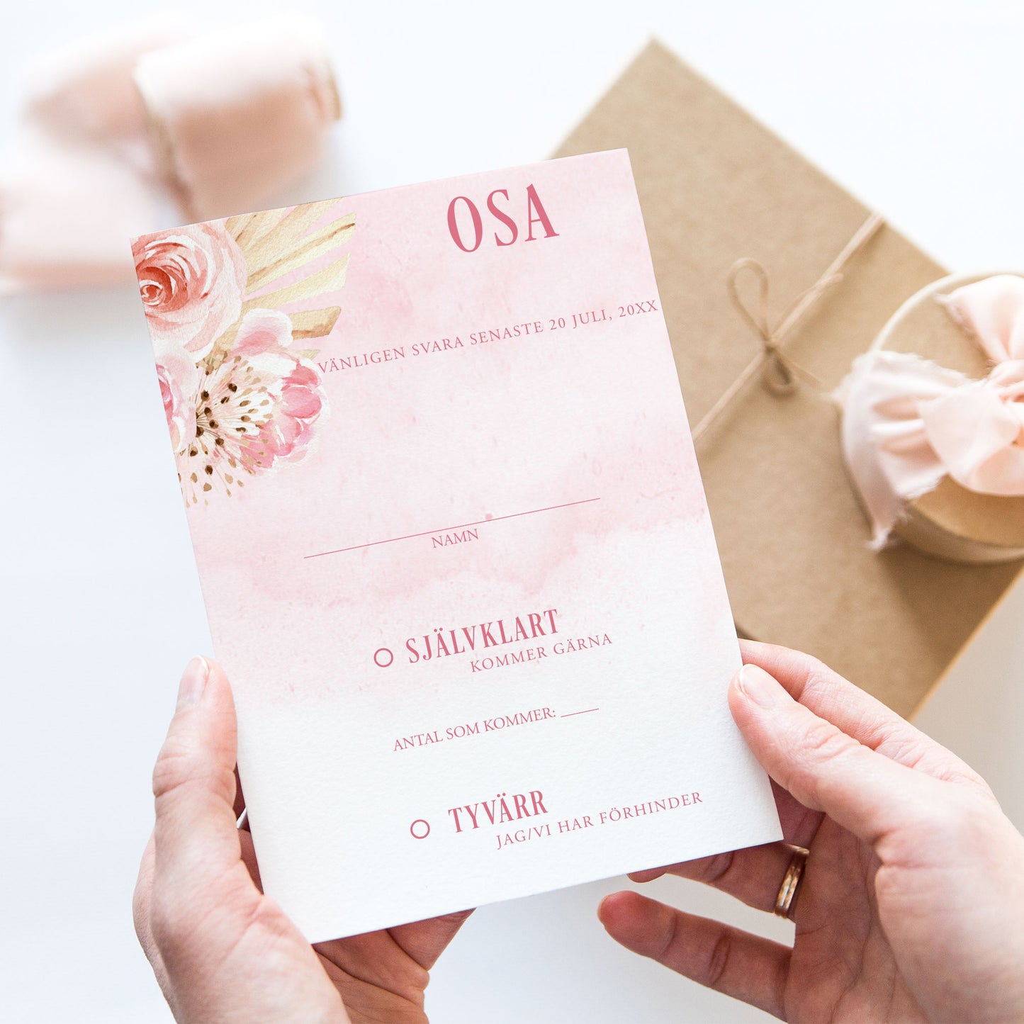 OSA-kort med kuvert (8 färger) – A6 Boho Rosa pampas – Bröllopskort BR011