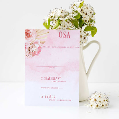 OSA-kort med kuvert (8 färger) – A6 Boho Rosa pampas – Bröllopskort BR011