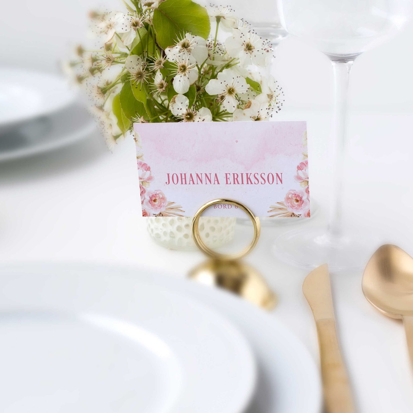 Enkla placeringskort till bröllop – Rosa Boho akvarell & pampasdesign – Tryckt kort med namn för dukning BR011