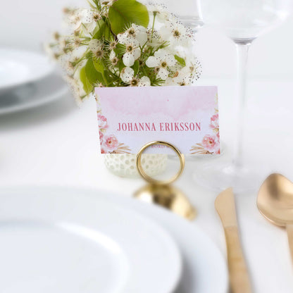 Enkla placeringskort till bröllop – Rosa Boho akvarell & pampasdesign – Tryckt kort med namn för dukning BR011