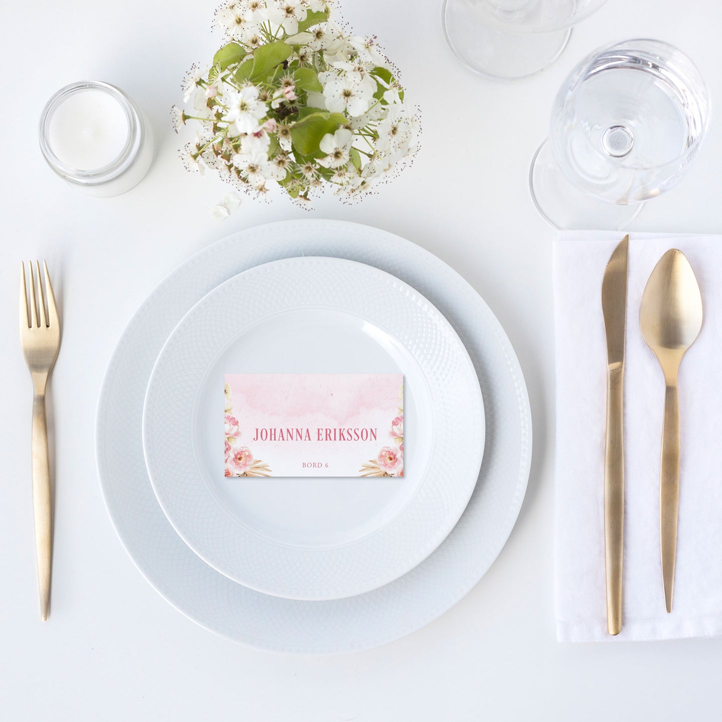 Enkla placeringskort till bröllop – Rosa Boho akvarell & pampasdesign – Tryckt kort med namn för dukning BR011