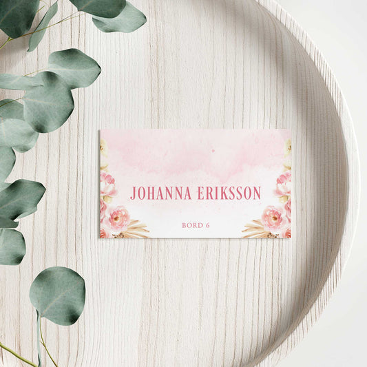 Enkla placeringskort till bröllop – Rosa Boho akvarell & pampasdesign – Tryckt kort med namn för dukning BR011