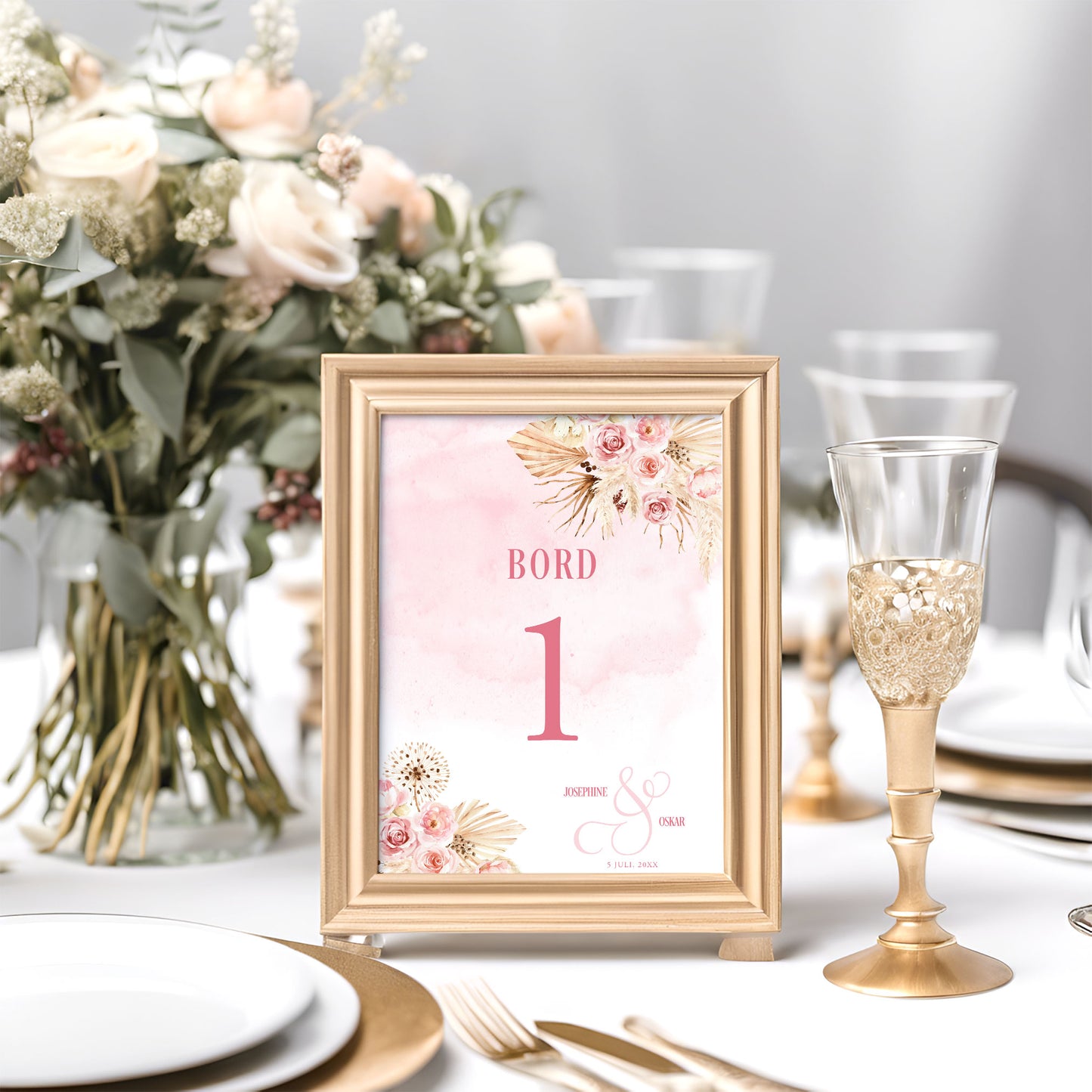 Bordsnummerkort till bröllop – Boho Rosa pampas – Tryckt kort för dukning och bordsplacering BR011
