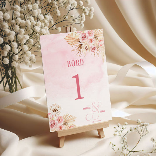 Bordsnummerkort till bröllop – Boho Rosa pampas – Tryckt kort för dukning och bordsplacering BR011