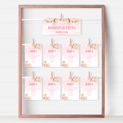 Bordsplaceringskort till bröllop – Rosa Boho akvarell & pampasdesign – Titelskylt & bordskort för gäster BR011
