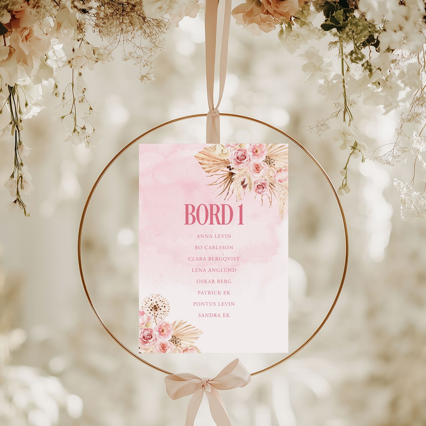Bordsplaceringskort till bröllop – Rosa Boho akvarell & pampasdesign – Titelskylt & bordskort för gäster BR011