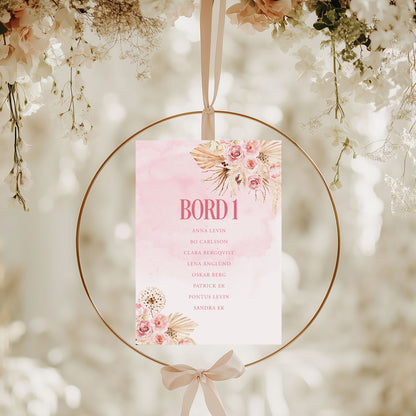 Bordsplaceringskort till bröllop – Rosa Boho akvarell & pampasdesign – Titelskylt & bordskort för gäster BR011