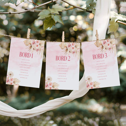 Bordsplaceringskort till bröllop – Rosa Boho akvarell & pampasdesign – Titelskylt & bordskort för gäster BR011