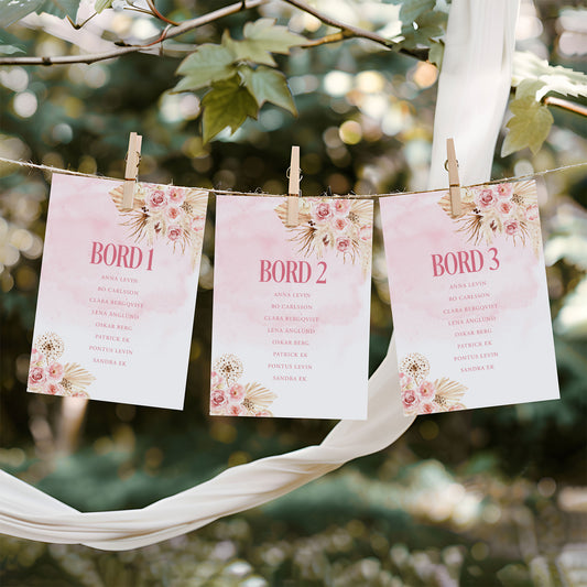 Bordsplaceringskort till bröllop – Rosa Boho akvarell & pampasdesign – Titelskylt & bordskort för gäster BR011