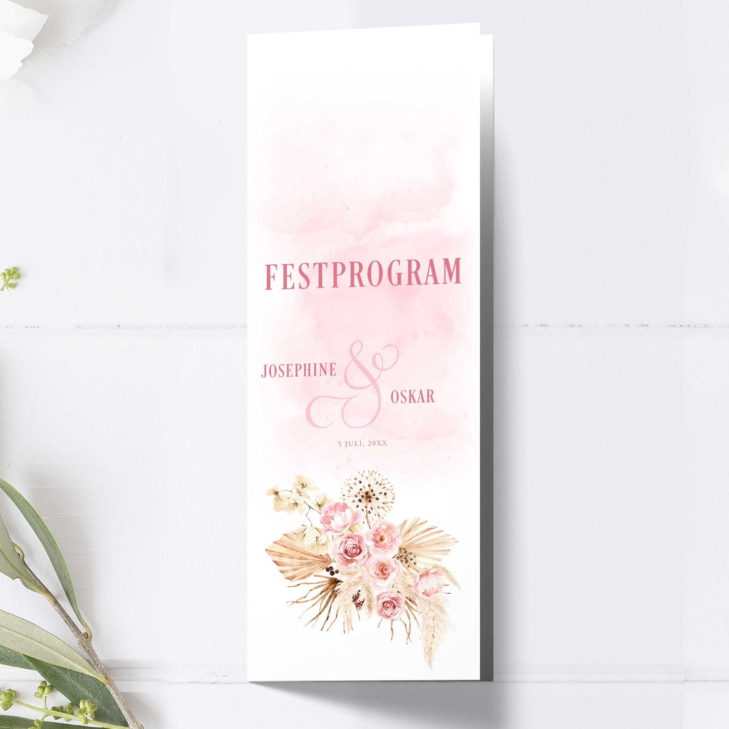 Festprogram till bröllop – Boho Rosa pampas – Avlångt tryckt programkort 10,5×29,7 cm BR011